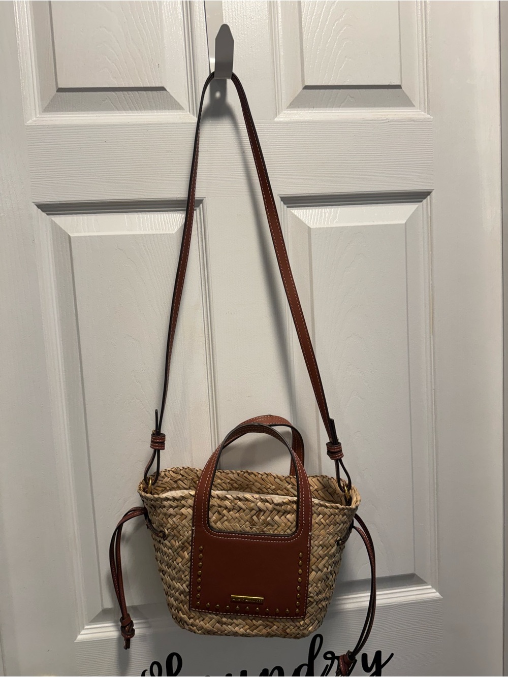 Woven Straw Crossbody Bag with Brown Leather Trim